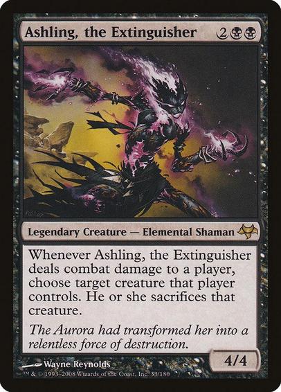 Card Name: Ashling, the Extinguisher
Set: Eventide
Description: Whenever Ashling deals combat damage to a player, choose target creature that player controls. The player sacrifices that creature.
Artist: Wayne Reynolds