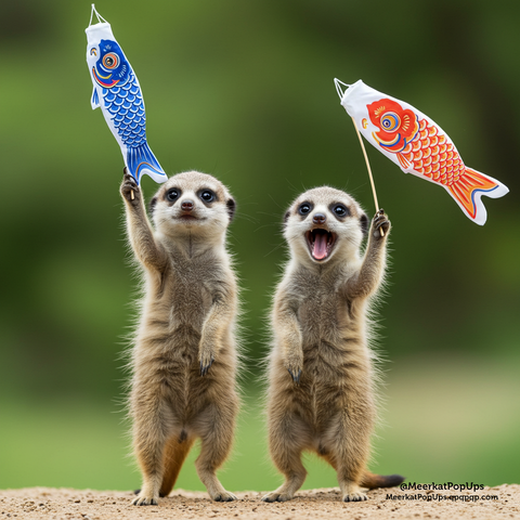 画像には、2匹のミーアキャットが立ち上がり、それぞれ日本の鯉のぼりを持っている様子が写っています。左側のミーアキャットは青い鯉のぼりを持ち、穏やかな表情をしています。右側のミーアキャットはオレンジ色の鯉のぼりを持ち、口を大きく開けて何かを叫んでいるかのような面白い表情をしています。背景は緑色のぼかしで、地面は茶色の砂地です。鯉のぼりは細い棒に取り付けられており、ミーアキャットたちはそれを両手で高く掲げています。全体的に、日本の子供の日のようなお祝いの雰囲気が感じられる可愛らしい写真です。これはAI生成画像です。

The image shows two meerkats standing up and each holding a Japanese koinobori (carp streamer). The meerkat on the left is holding a blue koinobori and has a calm expression. The meerkat on the right is holding an orange koinobori and has its mouth wide open, giving it a funny expression as if it's shouting. The background is a blurred green, and the ground is sandy brown. The koinobori are attached to thin sticks, and the meerkats are holding them up high with both hands. Overall, it's a cute picture that evokes a celebratory atmosphere, perhaps like Japan's Children's Day. This is an AI-generated image.