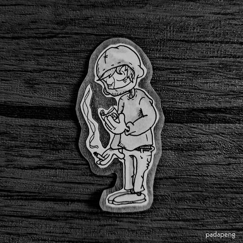My beloved character called padapeng read's a book with a circle a logo on it while having a cigarette