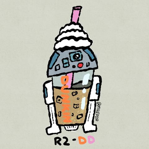 A drawing mashing up R2-D2 with a cup of Dunkin iced coffee. The droid’s body is replaced with a clear plastic cup partially filled with iced coffee. The word DUNKIN is written in orange letters. A purple straw extends through some whipped cream on top of R2’s head. Text below reads R2-DD. (I know they dropped the second “D” but it works better this way)