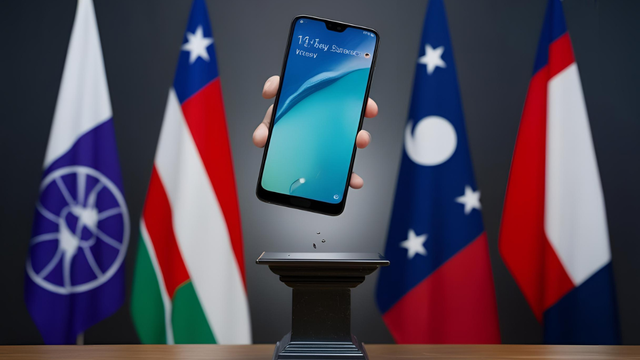 A smartphone falling from a pedestal with world flags in the background