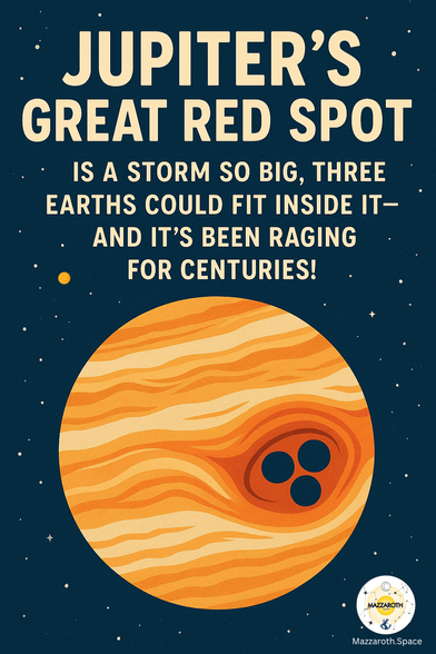 A digital space poster of Jupiter showing the swirling Great Red Spot storm. Text reads: “Jupiter’s Great Red Spot — it’s a storm so big, three Earths could fit inside it, and it’s been raging for centuries!