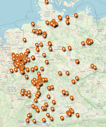 Screenshot einer Deutschlandkarte mit den Annahmestellen als Pins in der Karte