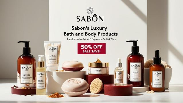 A luxurious flat lay of Sabon bath and body products arranged elegantly on a marble surface, featuring soaps, body scrubs, lotions, and essential oils. The scene includes natural elements like lavender sprigs, rose petals, and citrus slices, emphasizing organic ingredients. Beautifully packaged in soft pastel and gold tones, the products highlight Sabon’s signature spa-like aesthetic. A bold text overlay announces “Up to 50% OFF – Best Bath and Body Products” in elegant typography. The image conveys indulgence, self-care, and wellness, appealing to skincare enthusiasts and gift shoppers in the USA looking for luxury organic bath and body products, eminence organic skin care, or to enhance their skin care routine steps. Ideal for promoting high-quality best bath and body products with a focus on value and relaxation. Perfect for showcasing Sabon discount codes, encouraging shoppers to treat themselves or gift loved ones during a limited-time sale on nourishing, premium self-care essentials.