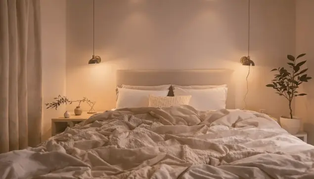 Cozy bedroom with soft lighting, gentle colors, and soothing textures creating a peaceful and relaxing sleep sanctuary.