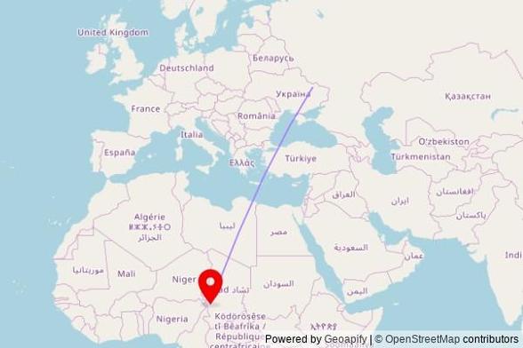 A map showing the great circle route from Chuhuiv in Ukraine to a map pin at مسجد شمال مساقط, Route nationale N'Djaména - Massakory - Faya-Largeau, Massaguet, Chad