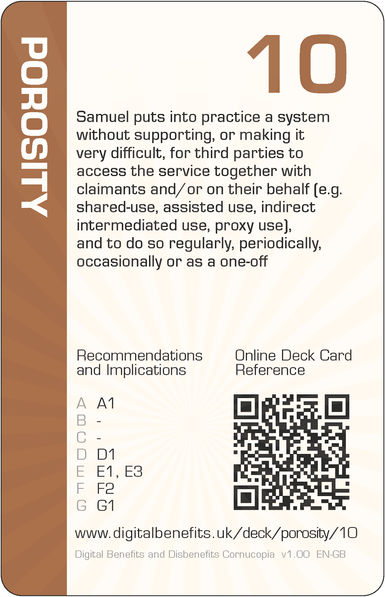 Image of the DBD Cornucopia Ten of Porosity card with text 'Samuel puts into practice a system without supporting, or making it very difficult, for third parties to access the service together with claimants and/or on their behalf (e.g. shared-use, assisted use, indirect intermediated use, proxy use), and to do so regularly, periodically, occasionally or as a one-off'