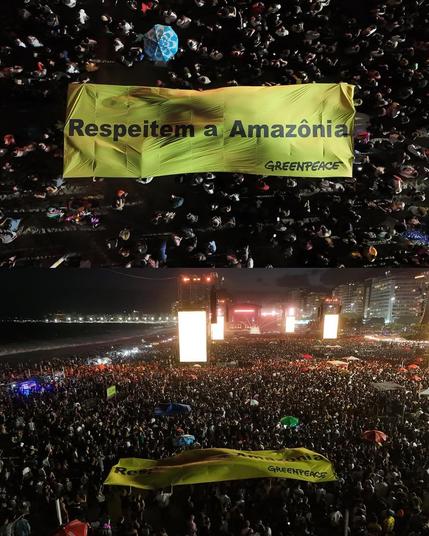 Greenpeace Brazil holding a #RespectTheAmazon banner during Lady Gaga’s Copacabana concert in May 2025