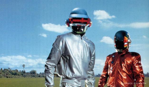 A photo of Daft Punk in a field on a sunny day.