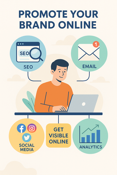  A flat-style digital infographic titled "Promote Your Brand Online," featuring icons and illustrations representing SEO, email, social media, analytics, and online visibility tips in a clean, colorful layout.