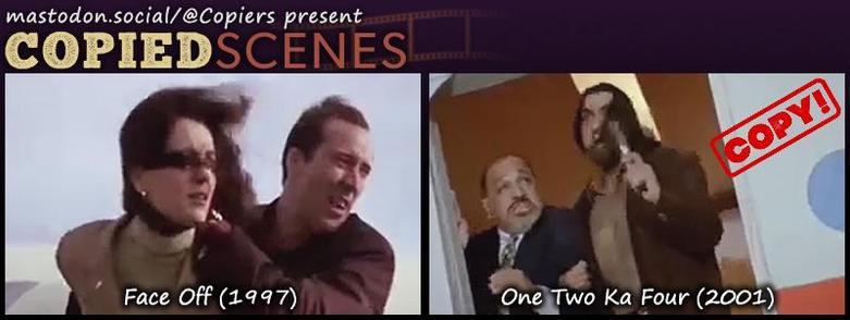 A terrorist drags a hostage to the open door of an airplane that's about to take off! This exciting scene from 1997's hit action movie Face Off was diligently copied by Bollywood in 2001 for a "film" titled One Two Ka Four. This "film", incidentally, was actually a copy of a different American thriller (1991's One Good Cop)!