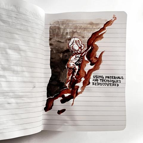 A third page, drawn in blood-red ink : a man with a ventriloquist’s puppet mask, is climbing what looks like a steep mountain. A text is written, saying : « using techniques and materials rediscovered »