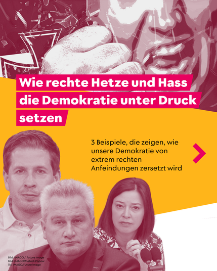Collage mit wütendem Gesicht und geballter Faust im Hintergrund. In auffälliger Schrift: „Wie rechte Hetze und Hass die Demokratie unter Druck setzen“. Darunter Text: „3 Beispiele, die zeigen, wie unsere Demokratie von extrem rechten Anfeindungen zersetzt wird“. Im Vordergrund Porträtfotos von Kevin Kühnert, Jens-Christian Wagner und Yvonne Magwas. Aussage: Demokratie ist durch rechte Hetze gefährdet.