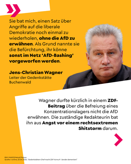 Porträt von Jens-Christian Wagner, Leiter der Gedenkstätte Buchenwald. Zitat: Eine Redakteurin bat ihn, die AfD in einem Satz nicht zu nennen, aus Angst vor „AfD-Bashing“-Vorwürfen im Netz. Text beschreibt, wie Wagner in einem ZDF-Beitrag die AfD nicht erwähnen durfte – aus Angst vor einem rechtsextremen Shitstorm. Quelle: t-online, 23.04.2025.