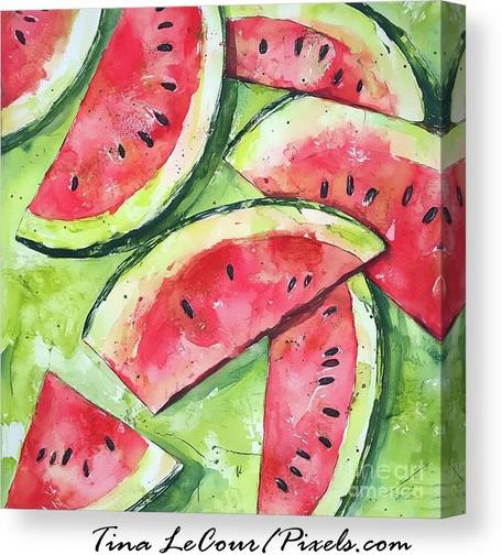 This is a canvas watercolor abstract style of watermelon slices against a a bright green background. 