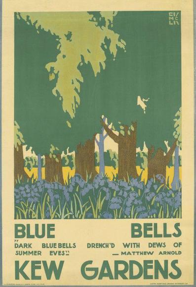 Image source:https://www.ltmuseum.co.uk/collections/collections-online/posters/item/1983-4-852

The image is a vintage poster featuring a stylized depiction of a woodland scene within Kew Gardens. In the foreground, there is an array of bluebell flowers in varying shades of deep blue and purple. These flowers are set against vibrant green grass. Behind the flowers, several tree trunks with brown and purple hues are visible, and above them, a canopy of green tree leaves fills the upper portion of the image. The sky is a muted yellow, contrasting softly with the rest of the colors. The edges of the image have a cream-colored border. In the bottom section of the poster, there is bold green text with a quotation from Matthew Arnold.