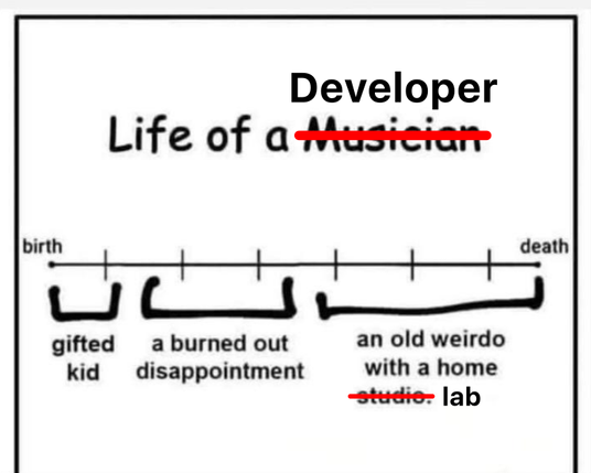 Graphic showing the Life of a Developer from birth to death: starting out as gifted kid, being a burned out disappointment, ending up as an old weirdo with a home lab