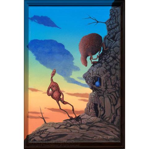 “The Bolus of Hope Slowly Swallowed by the Sunset of Decay” is an acrylic painting with two creatures, one somewhat human like exhibiting mournful gestures while an animal like beast descends a rocky cliff behind him, all in a last light of day setting.