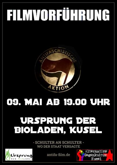 Sharepic mit den Daten aus dem Tröt. 

Unten steht der Link: antifa-film.de
Danaben ist das Logo von Alternative Gegenkultur Kusel

Das Sharepic ist schwarz mit weißem Text. in der Mitte ist das Antifa-Logo.