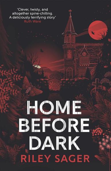 The bookcover is very dark and reddish, there is an old house in it, some bushes, a moth and a red full moon