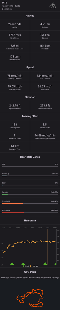 screenshot from Gadgetbridge of a mountain bike ride at Riley Trails in Holland, MI tracked with my Garmin Instinct watch.
