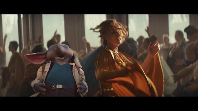 A still of Mon Montha dancing from Andor Season 2 Episode 3 but Neel from Star Wars Skeleton Crew is added into it. Creator: Bryan Ward 
