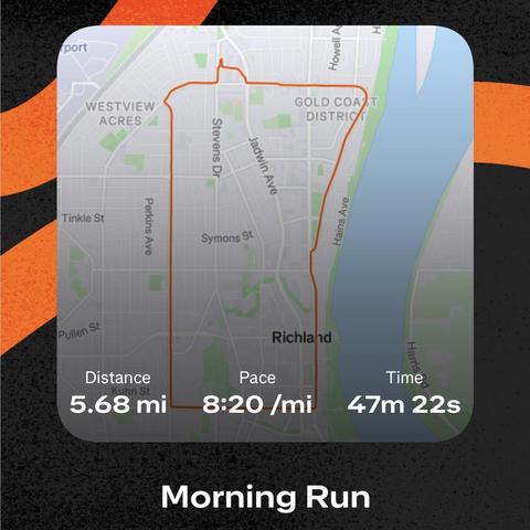 A map showing a 5.68 mile run in 47:22