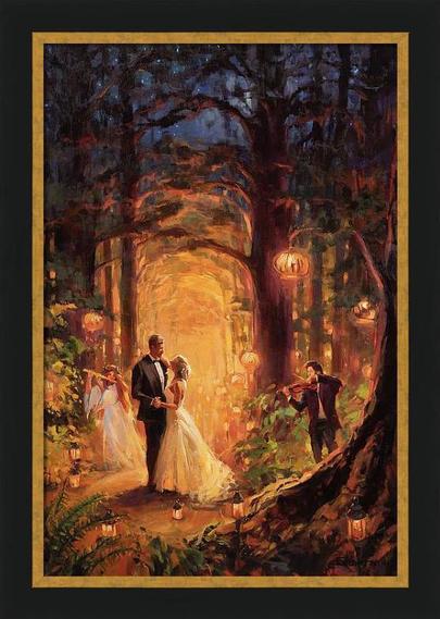 Framed print of an original oil painting depicting a couple dancing at their wedding in the forest.