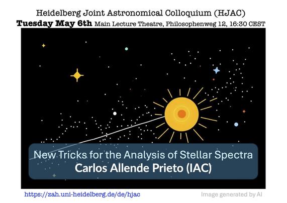 Heidelberg Joint Astronomical Colloquium (HJAC), Tuesday May 6th, Main Lecture Theatre, Philosophenweg 12, 16:30 CEST, New Tricks for the Analysis of Stellar Spectra, talk by Carlos Allende Prieto (IAC).