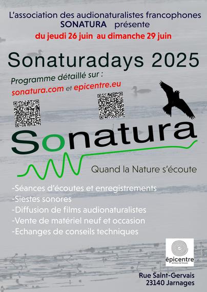 Flyer de l'événement "Sonaturadays" qui se tiendra du 26 au 29 juin 2025 à Jarnages, dans la Creuse. Plus d'infos et programme détaillé à venir sur le site internet de l'association Sonatura ou sur epicentre.eu