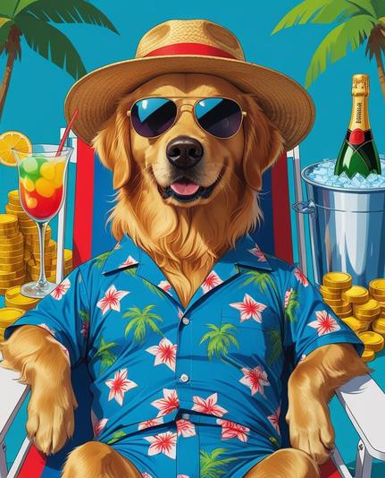 ②«#aiart Generated by LeonardoDiffusion »
Graphic art (A golden retriever wearing sunglasses and a wide-brimmed hat is drinking a fruit cocktail 🍹) This golden retriever is wearing a swimsuit with a stars and stripes pattern and an aloha shirt. Nearby are a shiny car, gold bars and stacks of bills, and a green champagne bottle in a wine cooler with ice. The golden retriever is lying on his back on a deck chair, smiling faintly in front of a cocktail glass with a straw. It's a fantastical scene of an impossible summer vacation.
#本日の成果物 #aiartcommunity