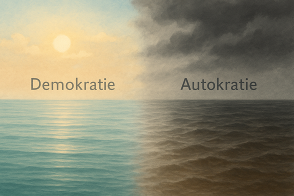 Ein ruhiger See, dessen Wasser auf der linken Seite klar und ruhig (mit leichtem Schriftzug 'Demokratie') erscheint und zur rechten Seite hin trüb und unruhig (mit leichtem Schriftzug 'Autokratie') wird. Dazwischen befindet sich eine verschwommene, leicht wellige Übergangszone, die den Phasenübergang subtil darstellt. Der Himmel spiegelt in der linken Hälfte Sonne und Klarheit, während sich auf der rechten Hälfte zunehmend dunkle Wolken bilden. So wird ein emotionaler, nicht-technokratischer Eindruck des Übergangs von Demokratie zu Autokratie vermittelt.