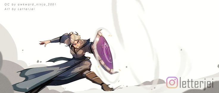 The image depicts a dynamic character in an action pose, wearing a long, flowing blue cloak and brown boots. The character has blonde hair and is holding a large, purple shield with a white emblem in the center. The shield is being swung with force, creating a sense of motion. The character's expression is intense, with eyes focused forward, suggesting a battle scenario. The background is minimalistic, with swirling white and gray clouds, emphasizing the character's movement. The image is credited to "OC by awkward_ninja_2001" and "Art by LetterJei," with an Instagram handle "letterjei" visible in the bottom right corner.