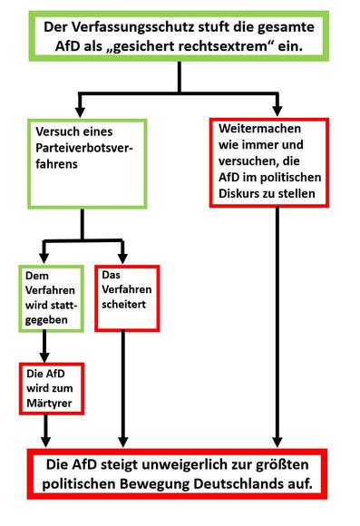 Ein Entscheidungsbaum zum Thema AfD-Verbot - das verdeutlichen soll, dass es besser ist, etwas versucht zu haben, als gar nichts zu tun (auch wenn das Ergebnis gleich bleiben könnte).