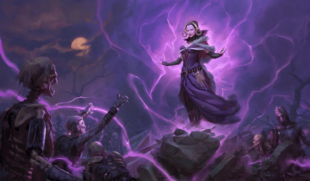 The image depicts a scene of a mystical and eerie nature. In the center, a woman with pale skin and dark hair, wearing a long purple dress with a fur collar and a belt with a pendant, stands on a rocky outcrop. She is surrounded by a vibrant purple aura with lightning-like energy, suggesting she is casting a spell or wielding magical power. Her expression is focused and commanding.

In the foreground, several undead creatures, including skeletons and zombies, are reaching out towards her, their eyes glowing with an unnatural light. They appear to be under her control or influence, as indicated by their outstretched arms and the direction of their gaze. The background features a dark, cloudy sky with a full moon partially obscured by clouds, adding to the ominous atmosphere. The overall color palette is dominated by purples, blues, and dark tones, enhancing the supernatural and foreboding mood of the scene.