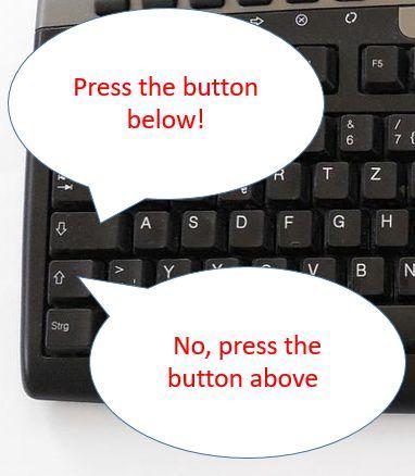 The picture shows the left part of a normal PC keyboard.

Next to the Caps Lock key (arrow down) you can read: ‘Press the button below’
Next to the Shift key (arrow up) you can read: ‘No, press the button above’