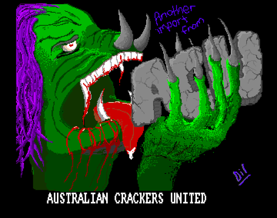 Screenshot of "Rainbow Islands" - Intro Hack: Australian Crackers United (ACU) - Published by Ocean on Commodore Amiga (1990)