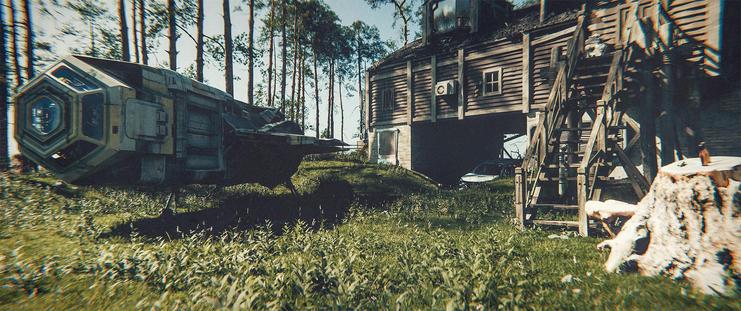 Wide shot, exterior, day -

A small courier-class ship, just about the smallest vehicle capable of a paracology jump, is parked in a clearing next to an old wooden house with a brick foundation. In an open space under the house, an old car wreck sits in the shadows.