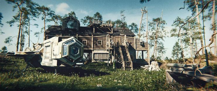 Wide shot, exterior, day -

A small courier-class ship, just about the smallest vehicle capable of a paracology jump, is parked in a clearing next to an old wooden house with a brick foundation. In an open space under the house, an old car wreck sits in the shadows.