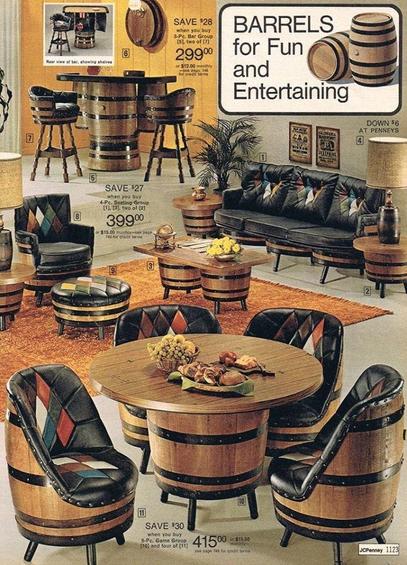 Scanned page from a catalog showing various furniture made of wooden barrels. On the top-right a frame says: "BARRELS for Fun and Entertaining"