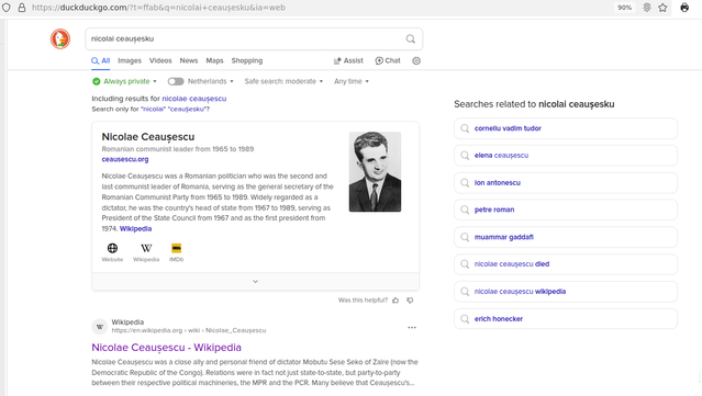 Screenshot results of search for nicolai ceaușesku wirth duckduckgo.com
