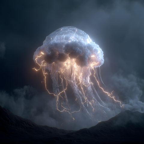 Midjourney Prompt: A sleeping robot in the form of a colossal crystalline jellyfish-like entity, resting on a windswept spring hill under torrential rain and a looming storm, dark swirling clouds overhead, dramatic lightning arcs flickering around its head, ultra-detailed, hyper-realistic textures, moody cinematic lighting, volumetric rain, 8K resolution --v 7