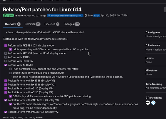 screenshot of a checklist in a gitlab MR with lots of (pocket) reform rk3588/a311d/ls1028a/imx8mq/imx8mp etc permutations
