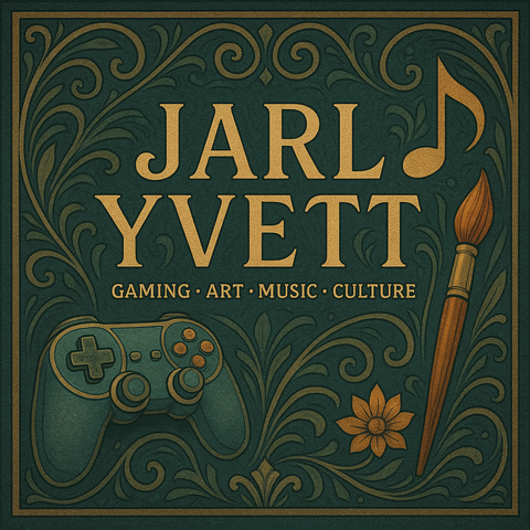 A horizontal Art Nouveau-style digital illustration with the name “Jarl Yvett” in bold golden letters at the center. The background features swirling floral and organic patterns in deep green and gold. A vintage game controller, a paintbrush, and a musical note are subtly integrated into the design, representing gaming, art, and music.