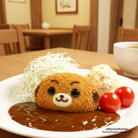 画像には、白い皿に盛り付けられたミーアキャットの顔のようなコロッケが写っています。カリッとした揚げ色の表面に、黒と白のパーツで目が鼻と口が表現され、下には茶色のソースが敷かれています。添えられているのはキャベツの千切り、ポテトサラダ、ミニトマトです。背景には、テーブルと椅子、スープのようなものが見えます。可愛らしい見た目で、食欲をそそる料理の写真です。これはAI生成画像です。

The image shows a white plate with a croquette decorated to look like a meerkat's face. The crispy, golden-brown surface features black and white parts forming the eyes, nose, and mouth, and it sits on a bed of brown sauce. It is accompanied by shredded cabbage, potato salad, and cherry tomatoes. In the background, a table, chairs, and what appears to be soup are visible. It's a cute and appetizing photo of the dish. This is an AI-generated image.