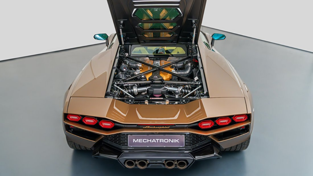 the vehicle seen from behind, from an elevated view, looking down at the engine, the back hood open 