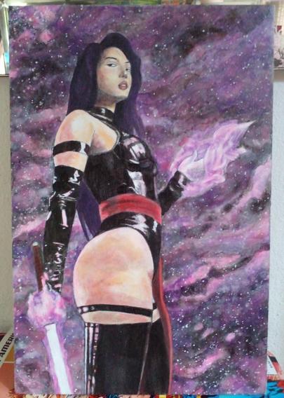 a painting of psylocke, seen from her side from her knees up, a flaming sword in one hand, her other hand in front of her, pink psychic energy swirling around it, the background is purple and pink energy clouds 