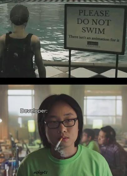 A meme showing a game character facing a "do not swim" sign due to lack of animation, followed by a developer staring blankly with a cigarette.