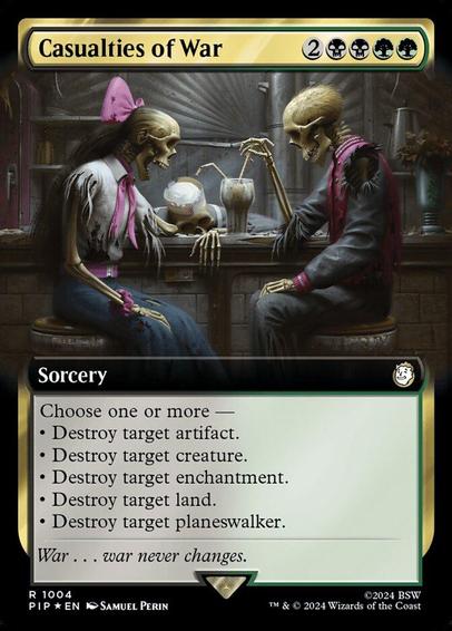 Card Name: Casualties of War
Set: Fallout
Description: Choose one or more —
• Destroy target artifact.
• Destroy target creature.
• Destroy target enchantment.
• Destroy target land.
• Destroy target planeswalker.
Artist: Samuel Perin
