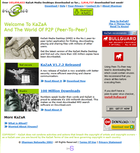 screenshot of the KaZaA web site from 2002